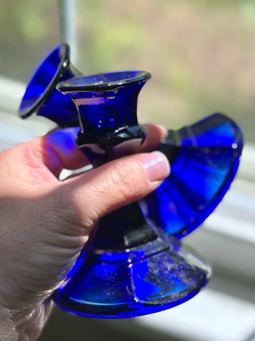 Vintage Cobalt Blue Glass Candlestick Pair